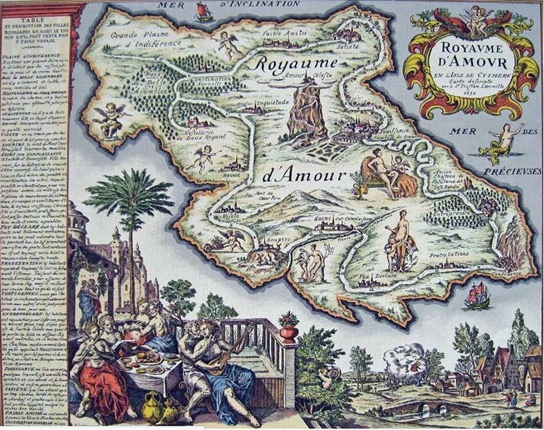 On voit la carte de la Préciosité aussi appelée carte du Tendre où son placés des lieux symbolisant l'amour courtois utilisés par Mme de Scudéry dans Clélie histoire romaine.