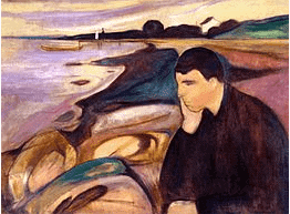 On voit Baudelaire spleen représenté dans le tableau de Munch intitulé melancolia. Un homme est pensif devant la mer, il semble atteint de dépression.